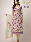 Brinjal Floral-Print Linen Cotton Kurta Set with Digitally Printed Dupatta
