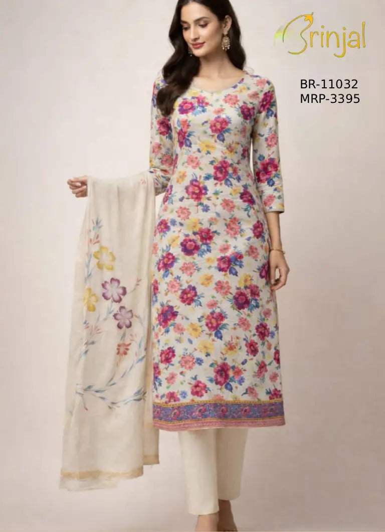 Brinjal Floral-Print Linen Cotton Kurta Set with Digitally Printed Dupatta