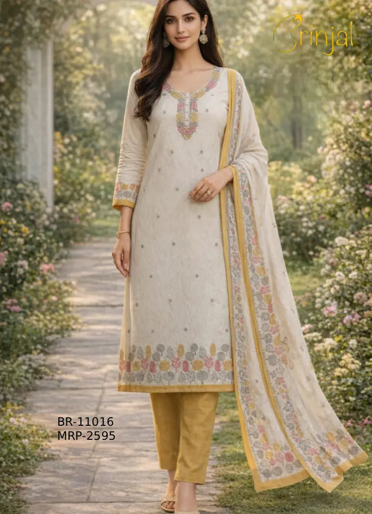 Ivory & Mustard Linen-Cotton Suit Set