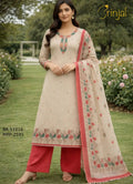 Brinjal Embroidered Linen Cotton Suit Set in Beige and Red