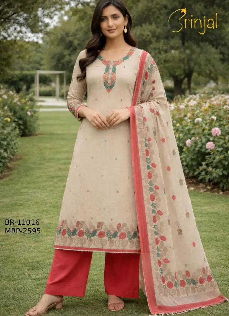 Brinjal Embroidered Linen Cotton Suit Set in Beige and Red