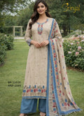 Beige Linen Cotton Embroidered Unstitched Suit