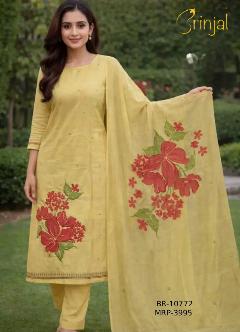 Brinjal Mustard Viscose Suit Set with Floral print