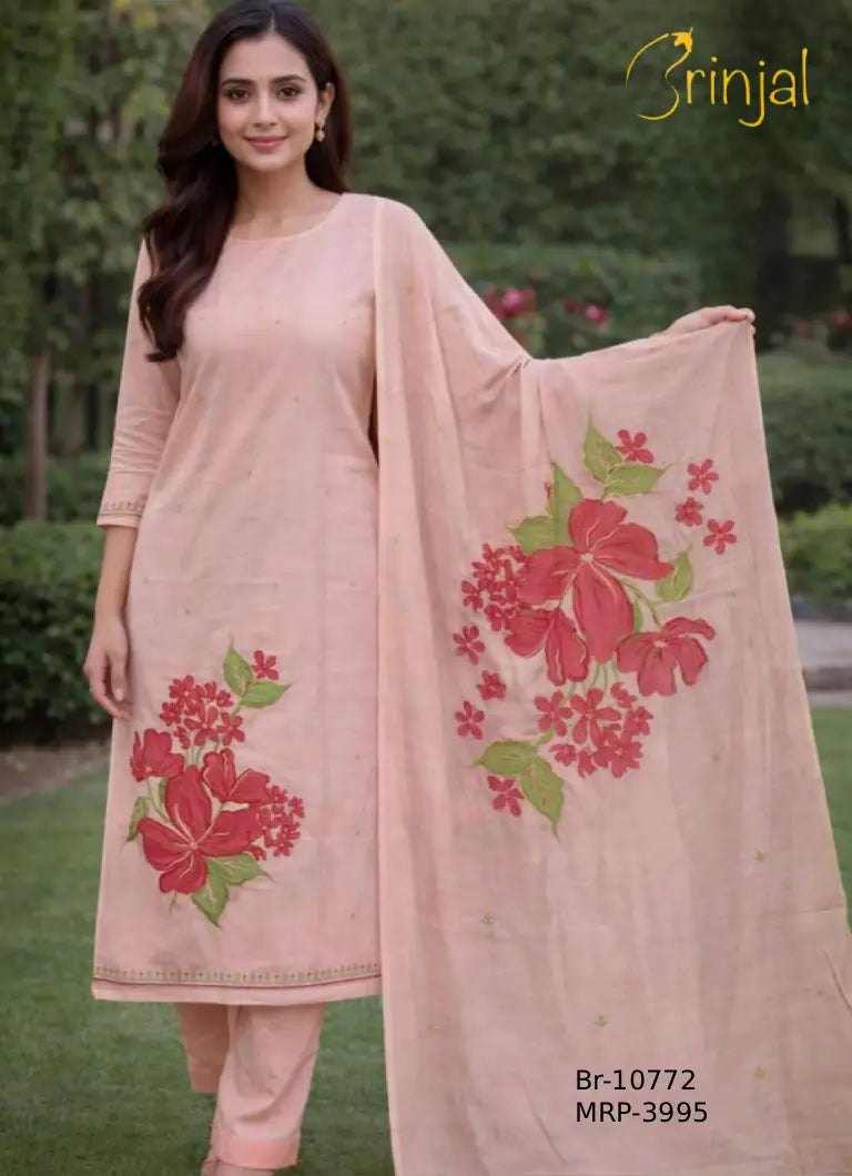 Peach Floral Viscose Unstitched Suit Set
