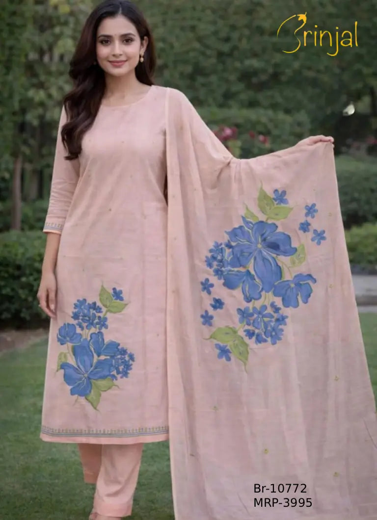 Floral printed  Pastel Peach Cotton Suit Set