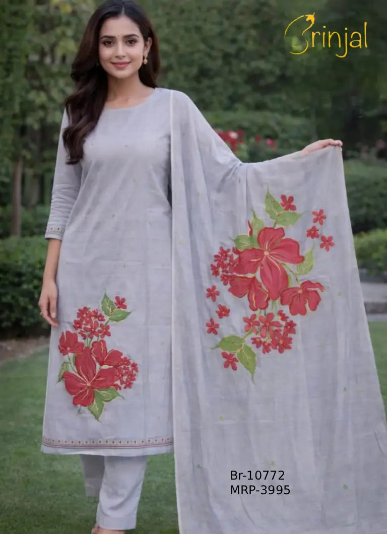 Grey viscose Floral-printed  Kurta Set with Dupatta