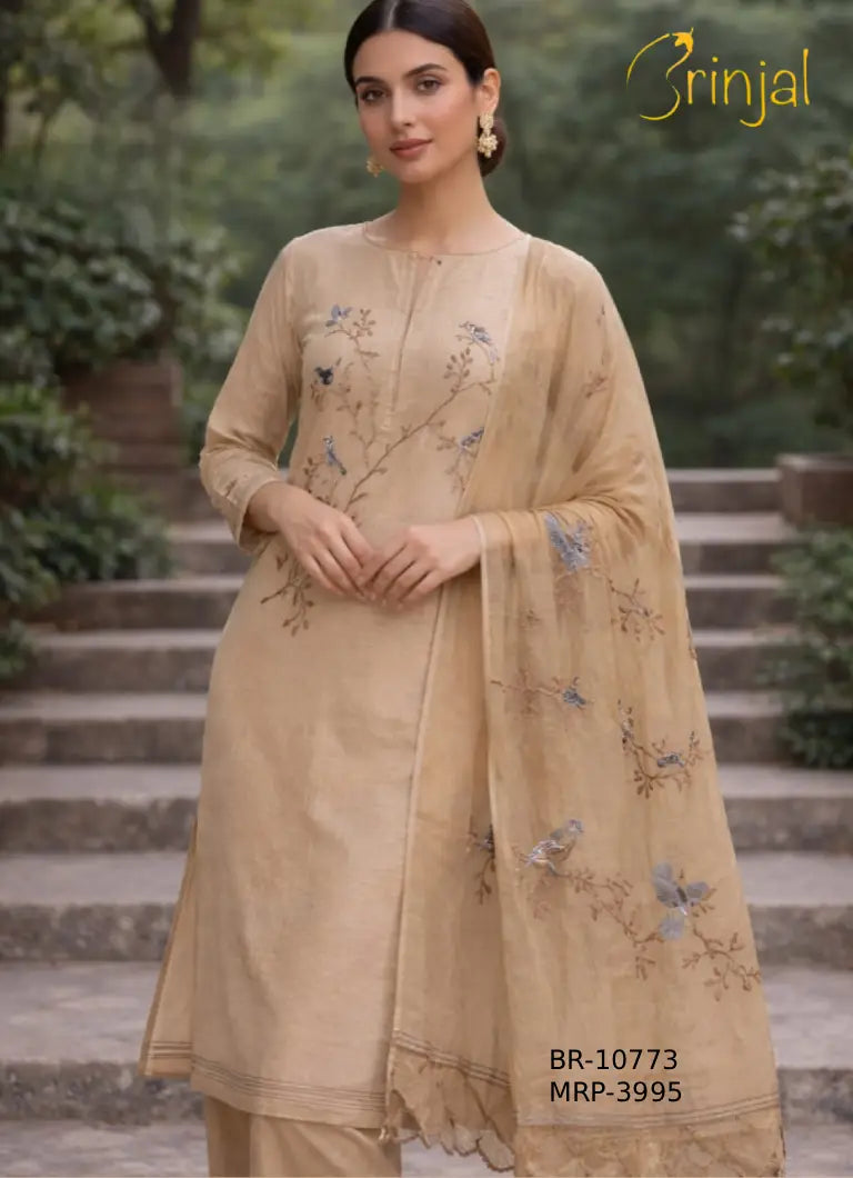 Elegant Beige Viscose Unstitched Suit Set