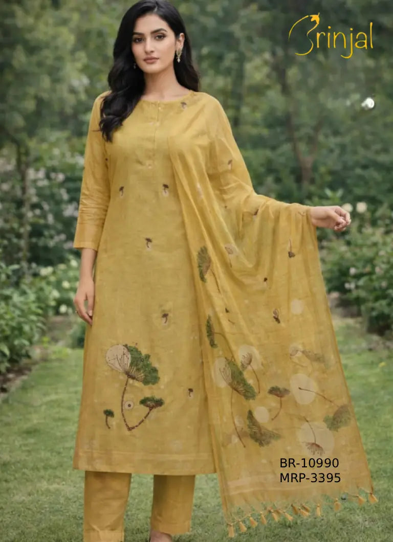 Mustard Embroidered Viscose Kurta Set
