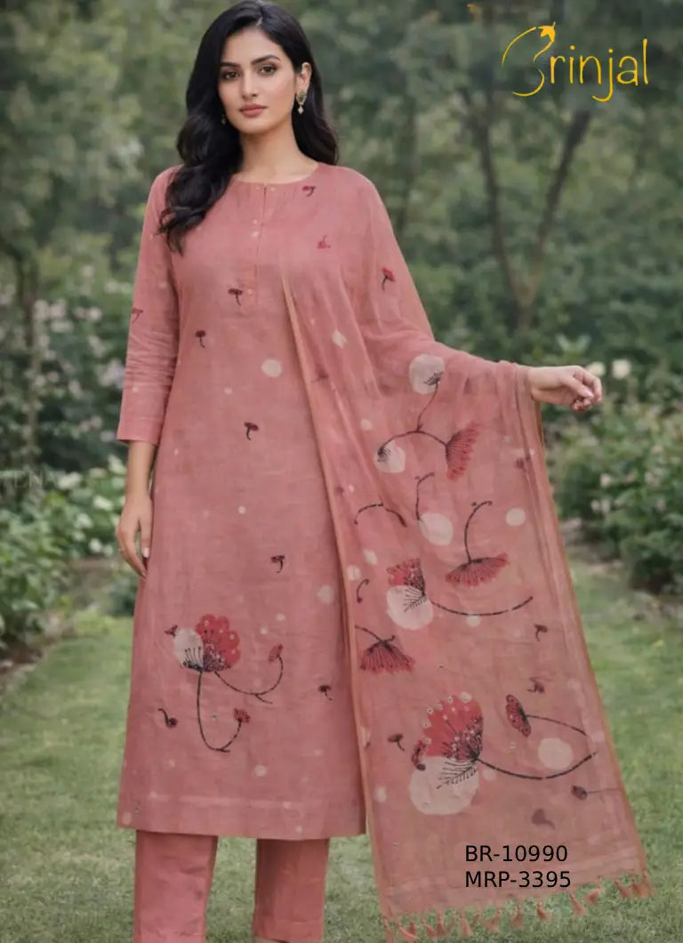 Embroidered Dusty Rose Viscose Kurta Set
