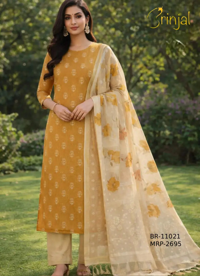 Brinjal Mustard Yellow Chanderi Cotton Kurta Set with Floral Dupatta
