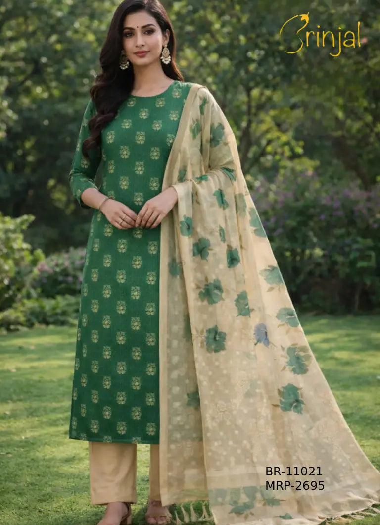 Chanderi Cotton Green Floral Suit Set