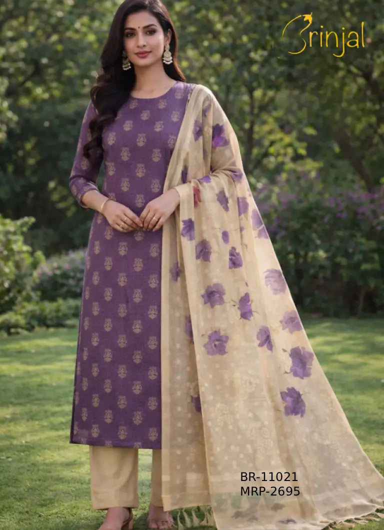 Brinjal Chanderi Cotton Kurta & Dupatta Set