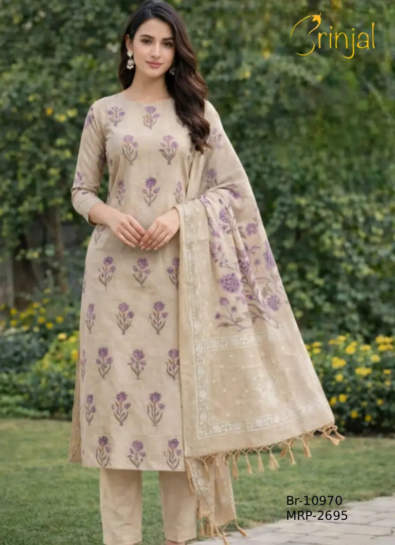 Elegant Floral Print Chanderi Cotton Unstitched Suit