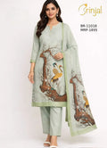 Brinjal Pista Green Lenin  Cotton Floral Crane Printed Suit Se