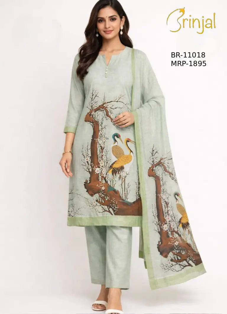 Brinjal Pista Green Lenin  Cotton Floral Crane Printed Suit Se