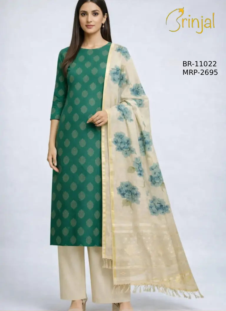 Emerald Bloom Chanderi Cotton Unstitched Suit Set