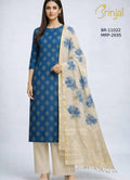 Brinjal Chanderi Cotton Blue & Beige Printed Unstitched Suit Set with Dupatta