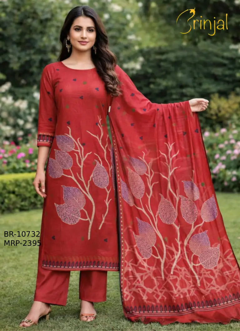 Elegant Crimson Chanderi Cotton Weave Unstitched Suit