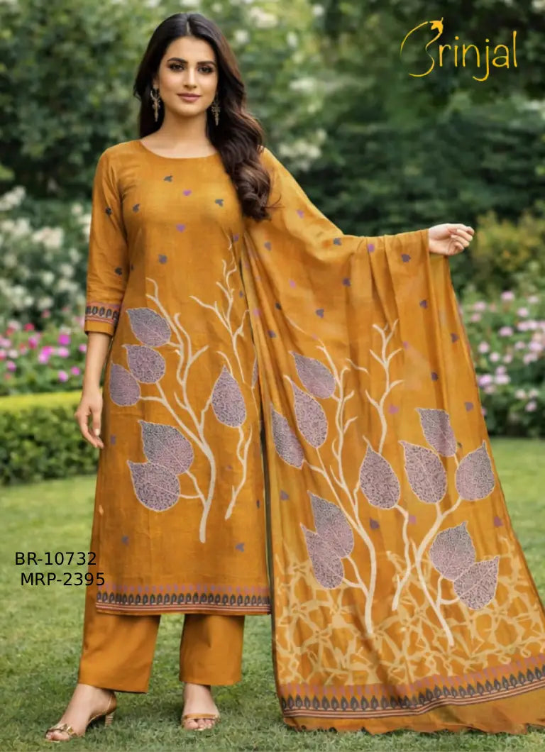 Mustard Chanderi Cotton Weaving Unstitched Suit Set