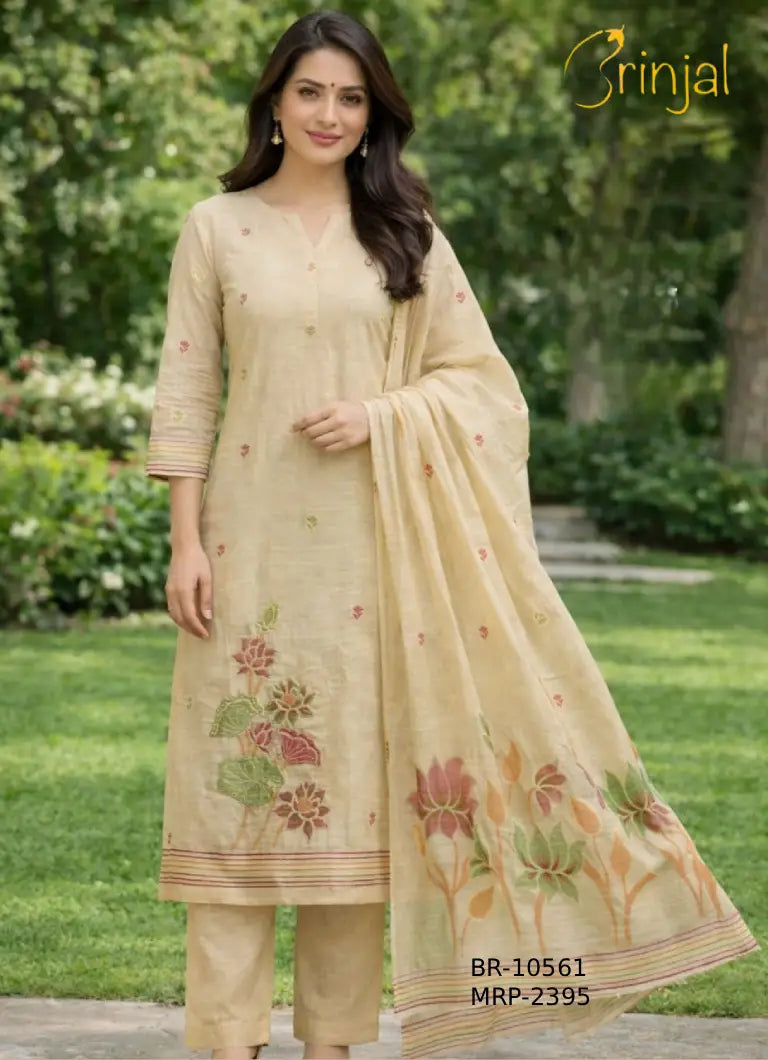 Brinjal Chanderi Cotton Floral Suit Set