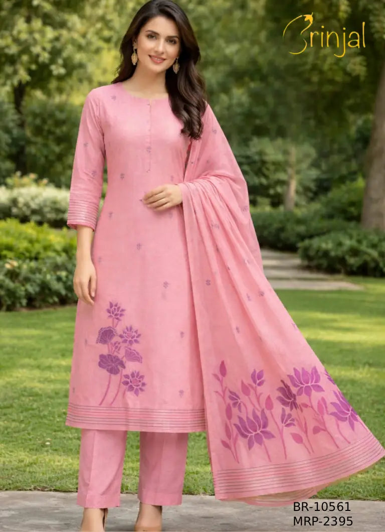 Elegant Pink Chanderi Cotton Floral Weave Unstitched Suit Set
