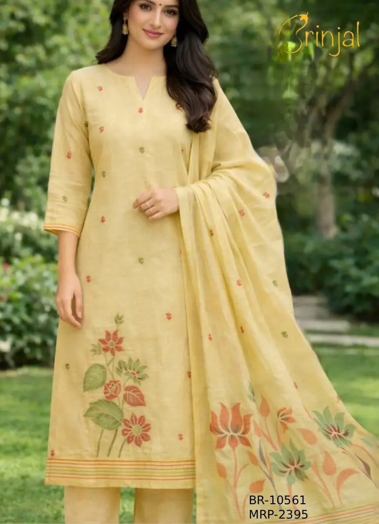 BRINJAL Premium Chanderi Cotton Hand Suit Set