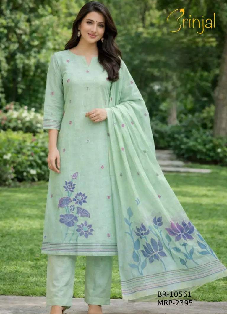 Mint Green Chanderi Cotton Floral Weave Suit Set