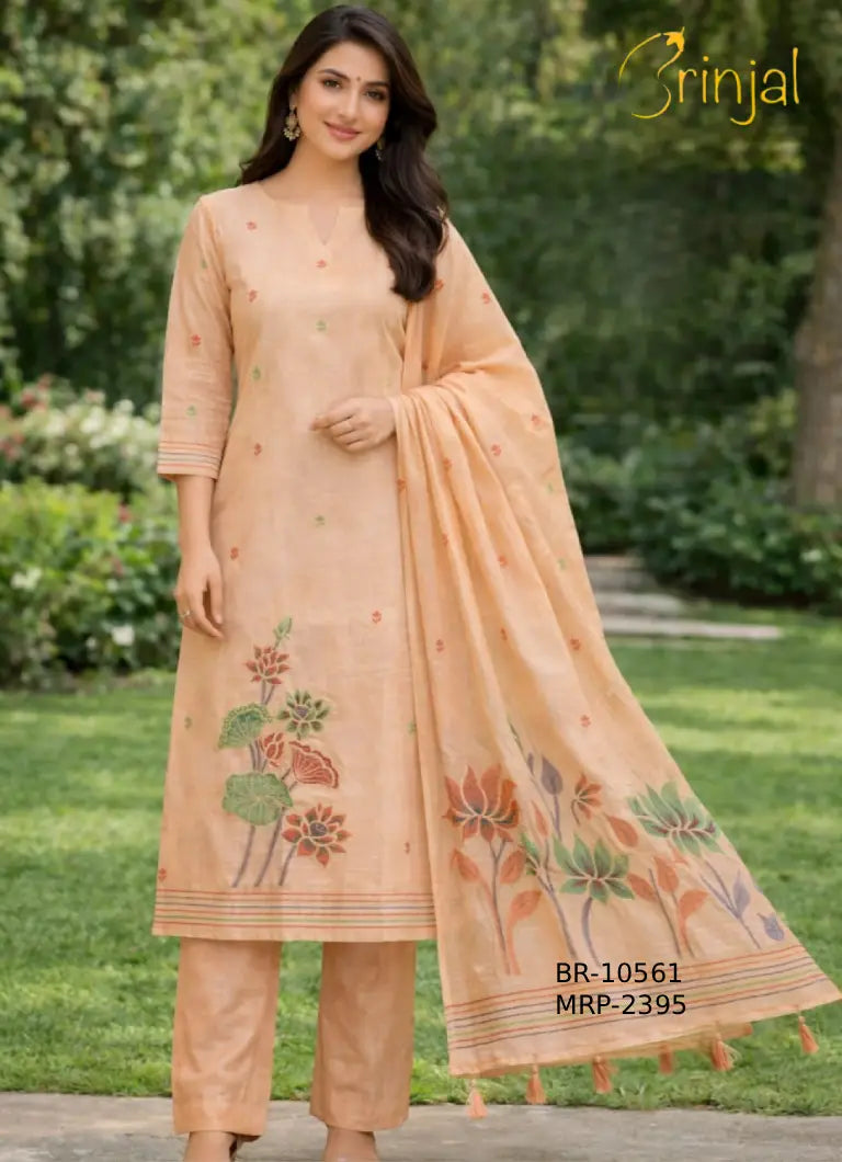 Peach Chanderi Cotton Weaving Suit Set
