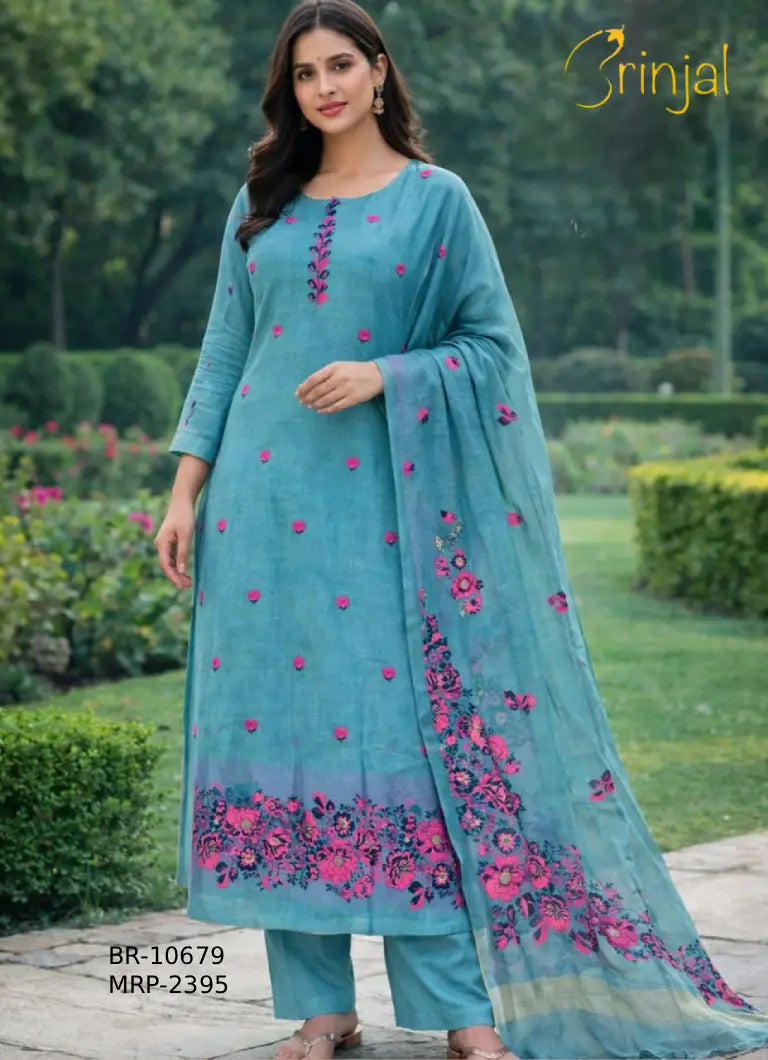 Elegant Teal Chanderi Cotton Weaved Suit Set