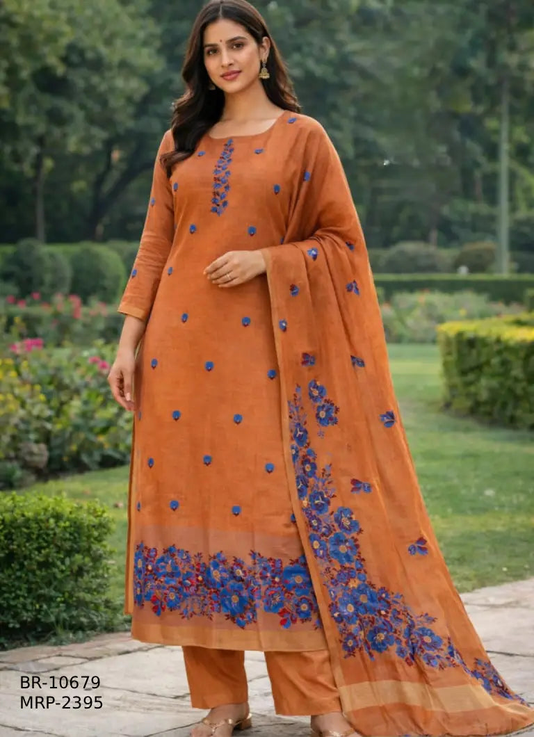 Rust Orange Chanderi Cotton Floral Embroidered Suit Set