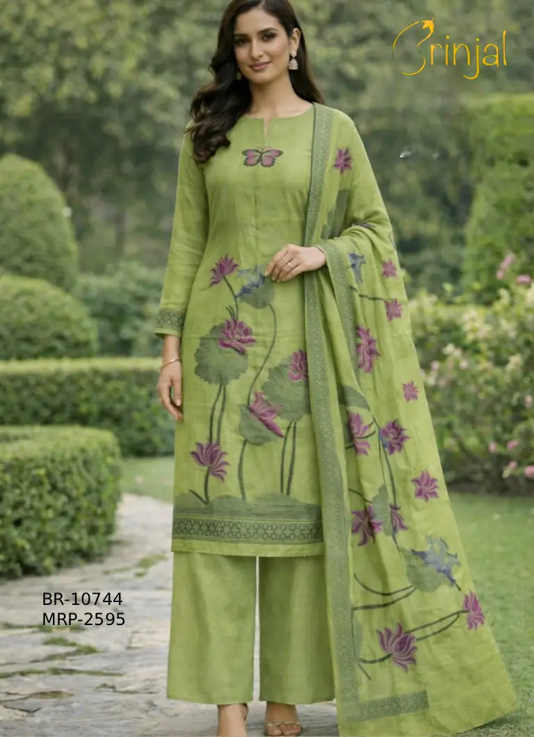 Brinjal Olive Green Chanderi Cotton Lotus Weave Suit Set