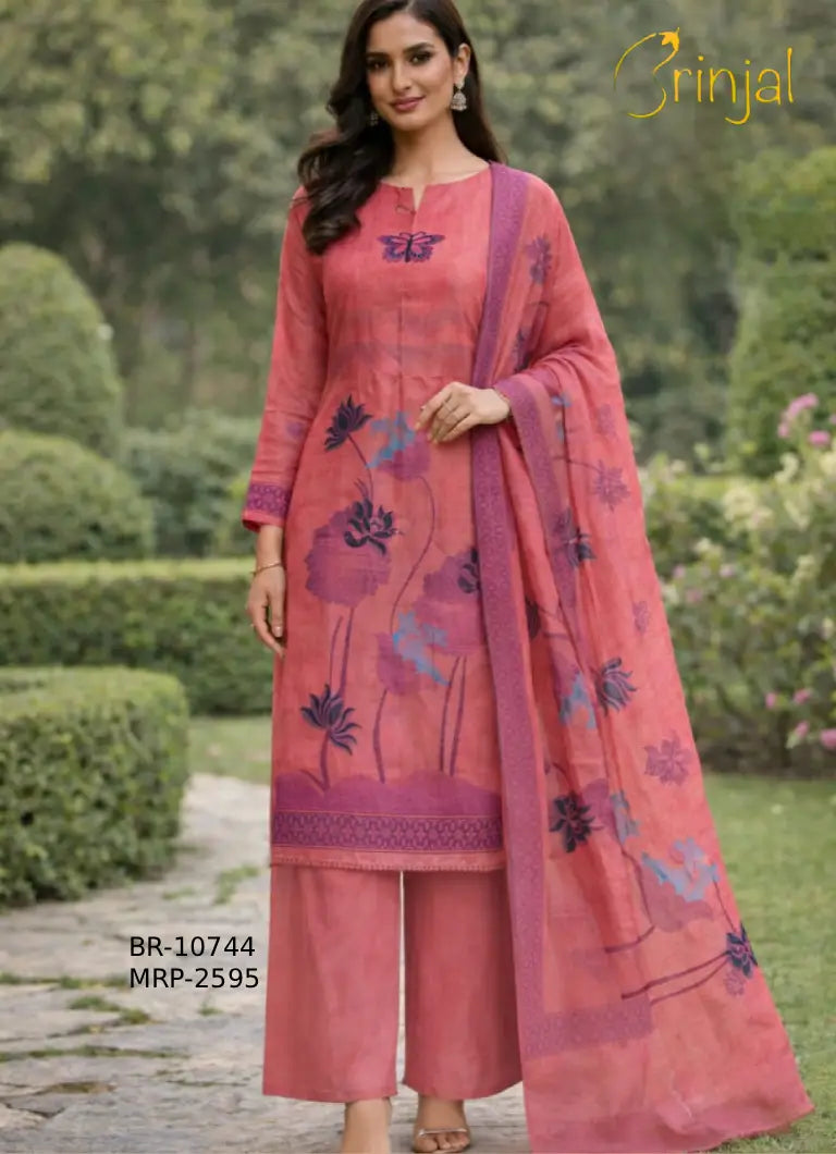 Pink Chanderi Cotton Floral Print Suit Set
