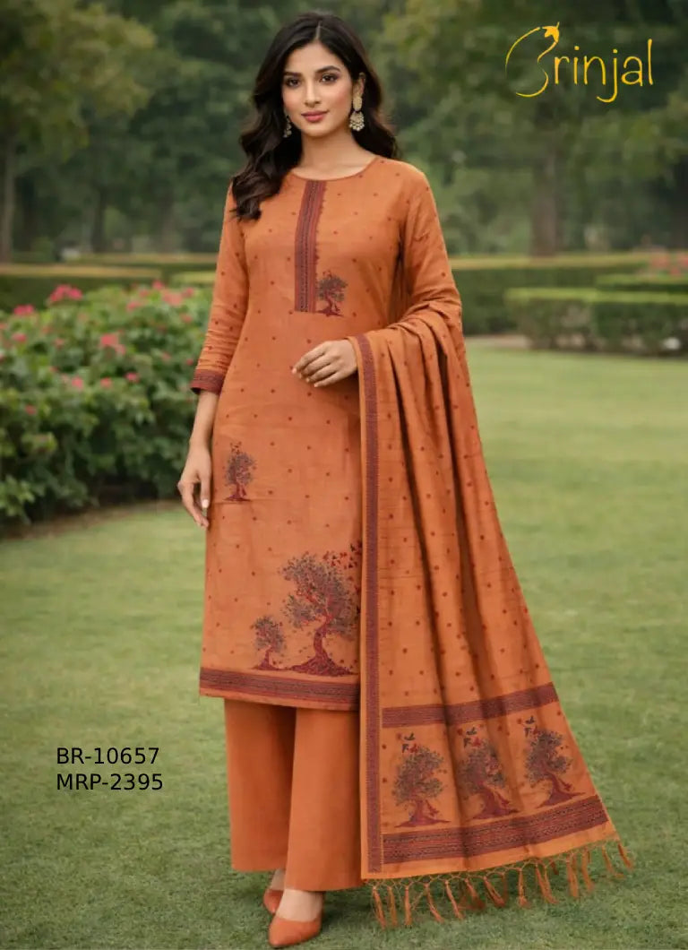 Rust Chanderi Cotton Weaving Unstitched Suit
