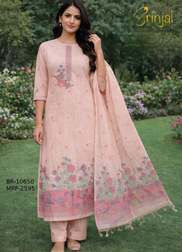 Hand-Woven Peach Chanderi Cotton Suit Set