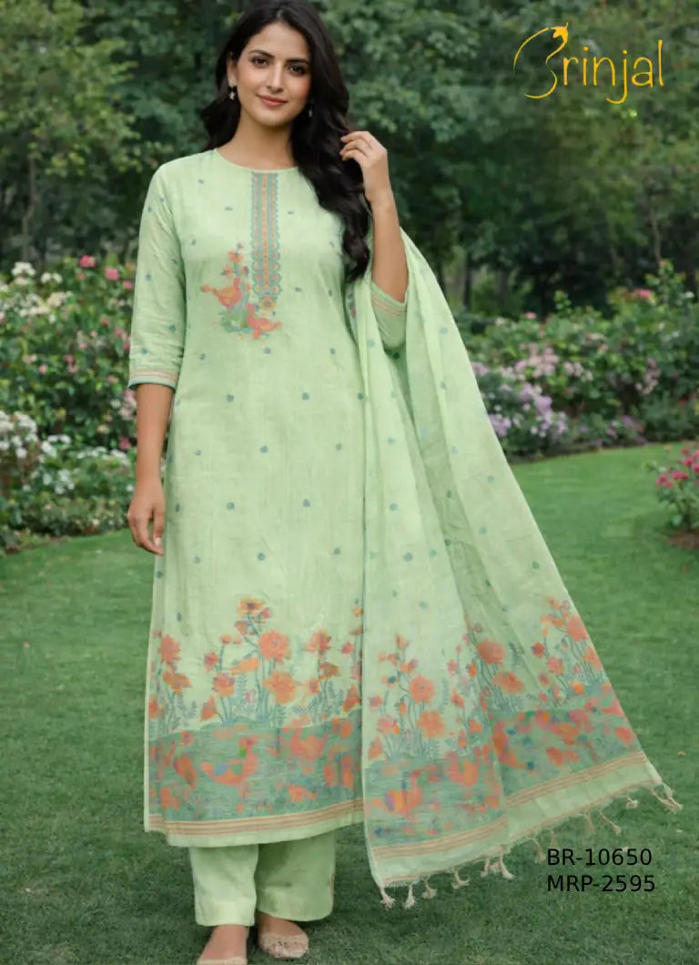Pastel Mint Chanderi Cotton Floral Weave Suit Set