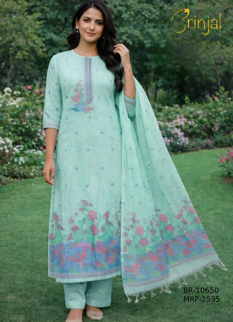 Mint Green Chanderi Cotton Weave Suit Set with Floral
