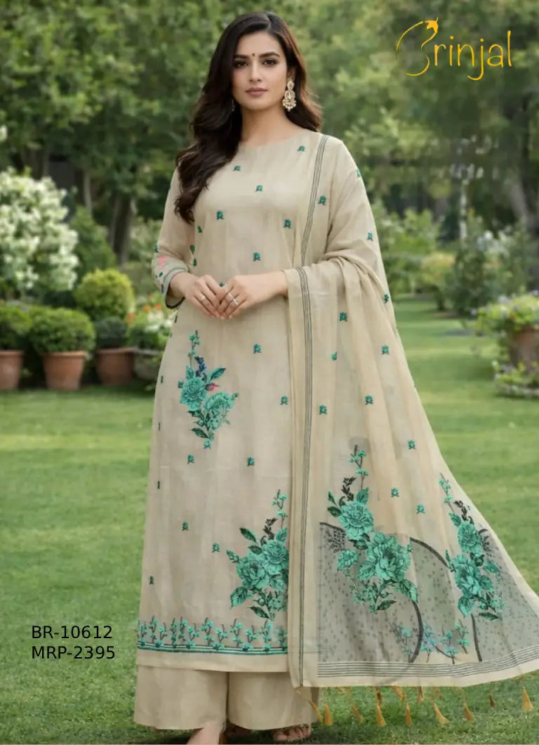Beige Floral Embroidered Unstitched Suit Set