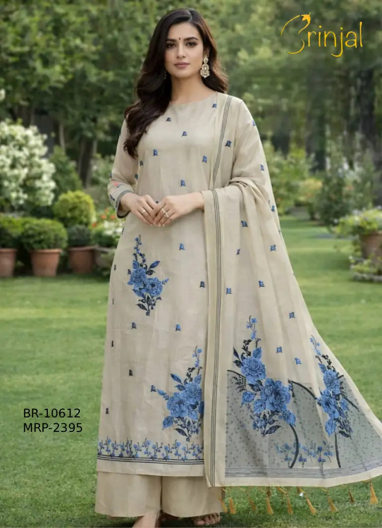 Brinjal Beige Floral Unstitched Suit Set