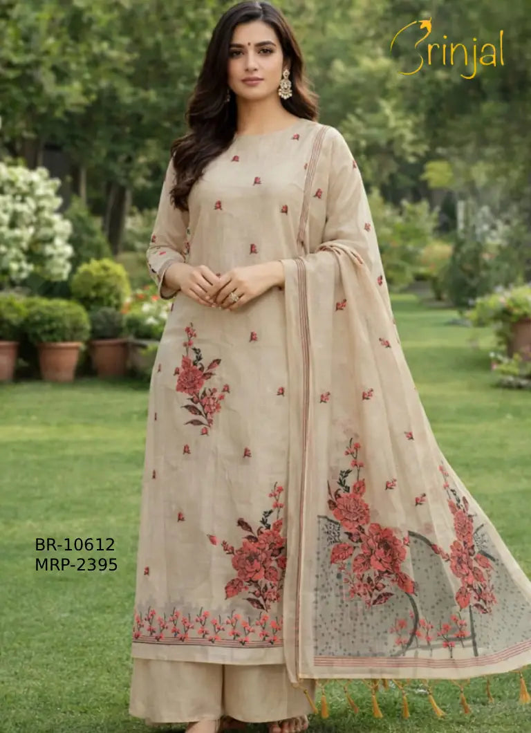 Beige Floral Unstitched Suit Set