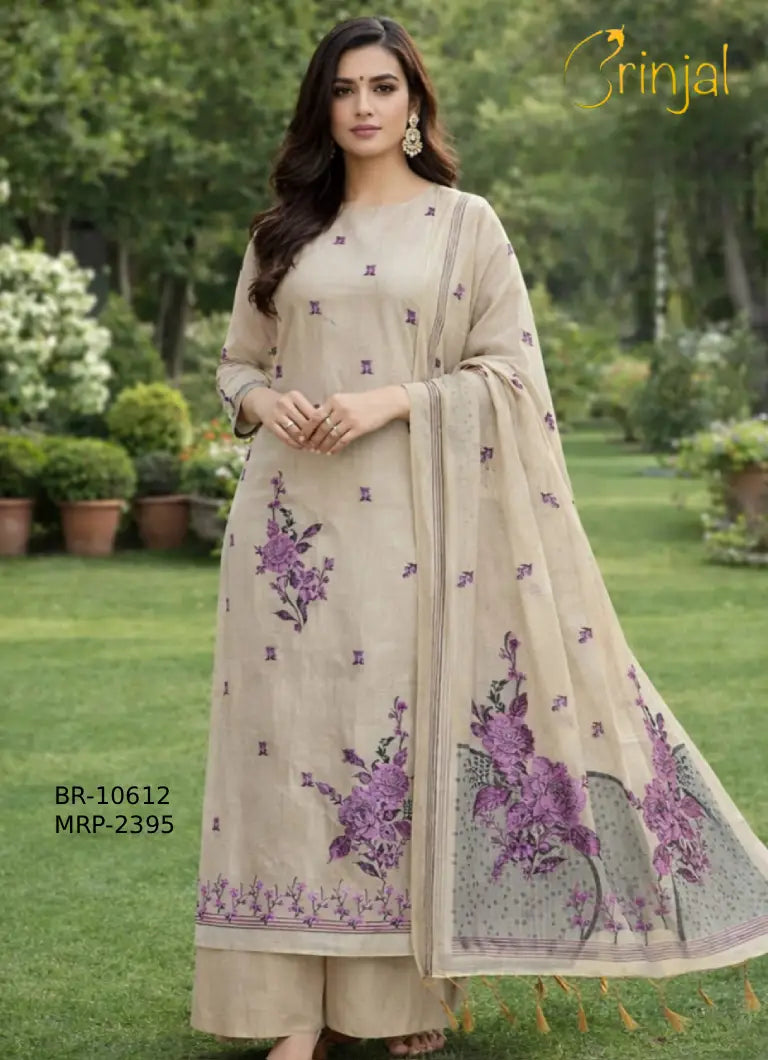 Brinjal Elegant Beige Unstitched Suit Set