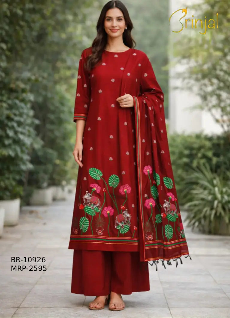 Maroon Hand-Woven Jamdani Elephant Motif Suit Set