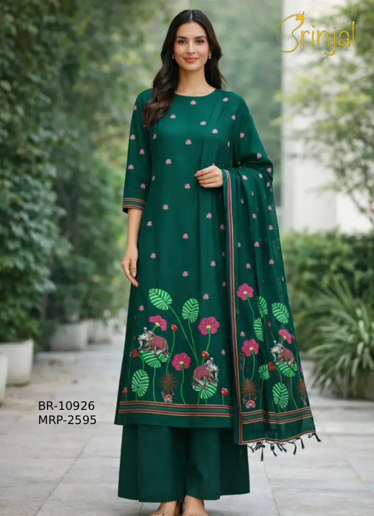 Jamdani Figure Suit - Bottle Green