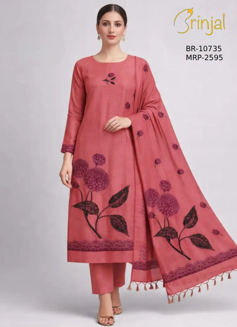 Elegant Rose-Pink Chanderi Cotton Unstitched Suit Set