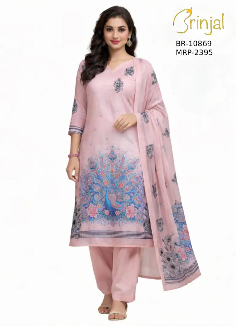 Elegant Floral Peacock Print Chanderi Cotton Suit Set