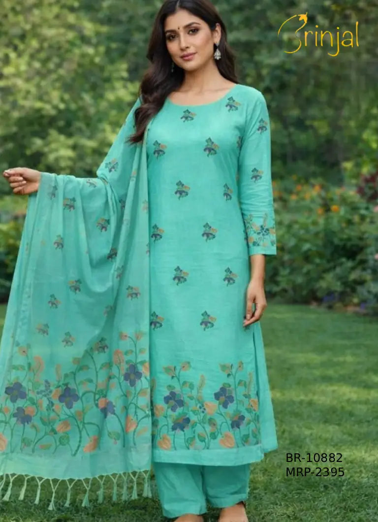Chanderi Cotton Floral Embroidered Suit Set