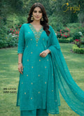 Teal Hand-Embellished Silk Weaving Suit Set