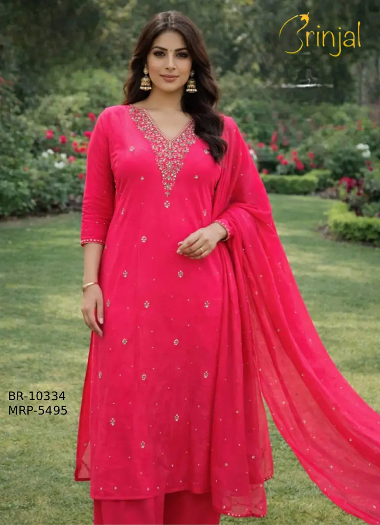 Vibrant Fuchsia Embroidered Weaving Suit Set