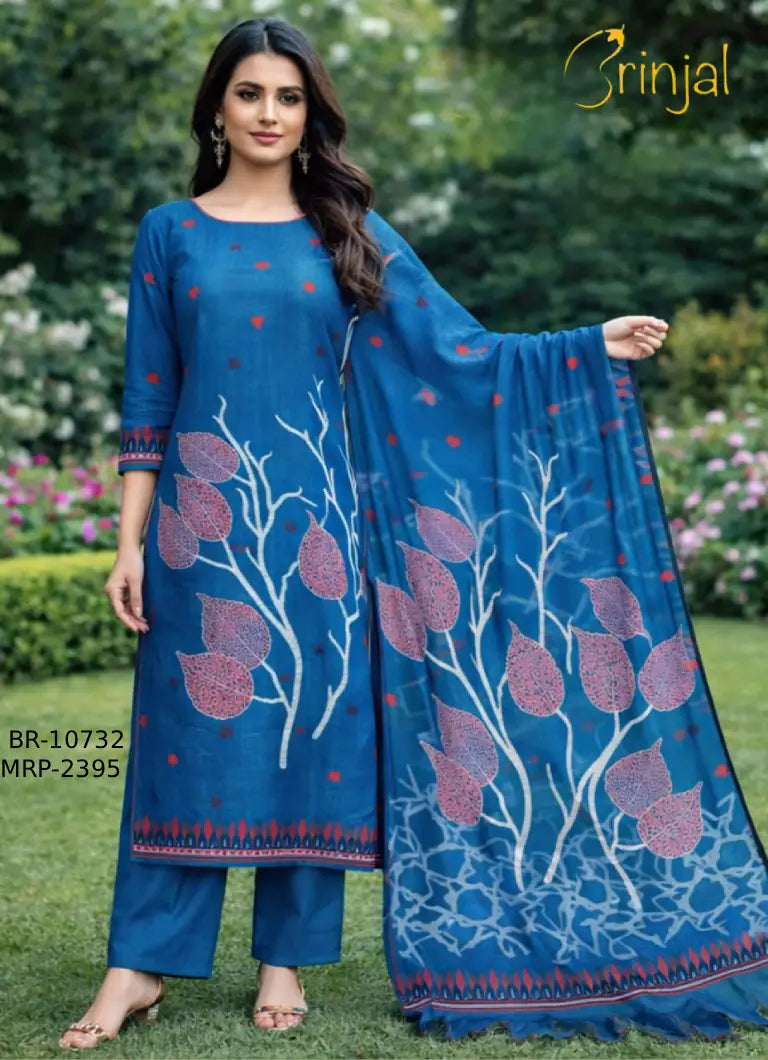 Chanderi Cotton Blue Tree Motif Suit Set