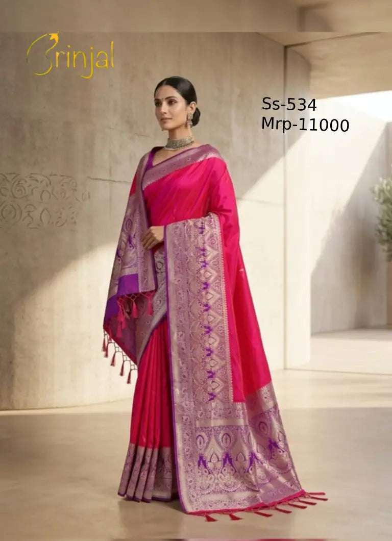 Brinjal Premium Banarasi Silk Weaving Saree – Rani Pink & Purple