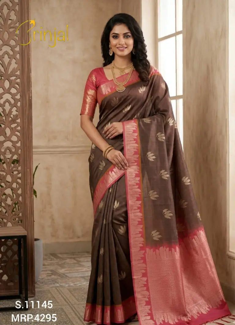 Elegant Coffee Brown Silk Weaving Saree with Contrast Pink Border